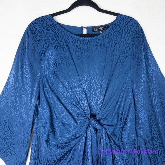 New! Eloquii women Blue Leopard Print Satin Textured Tie Front‎ Dress, size 16 - Picture 3 of 16